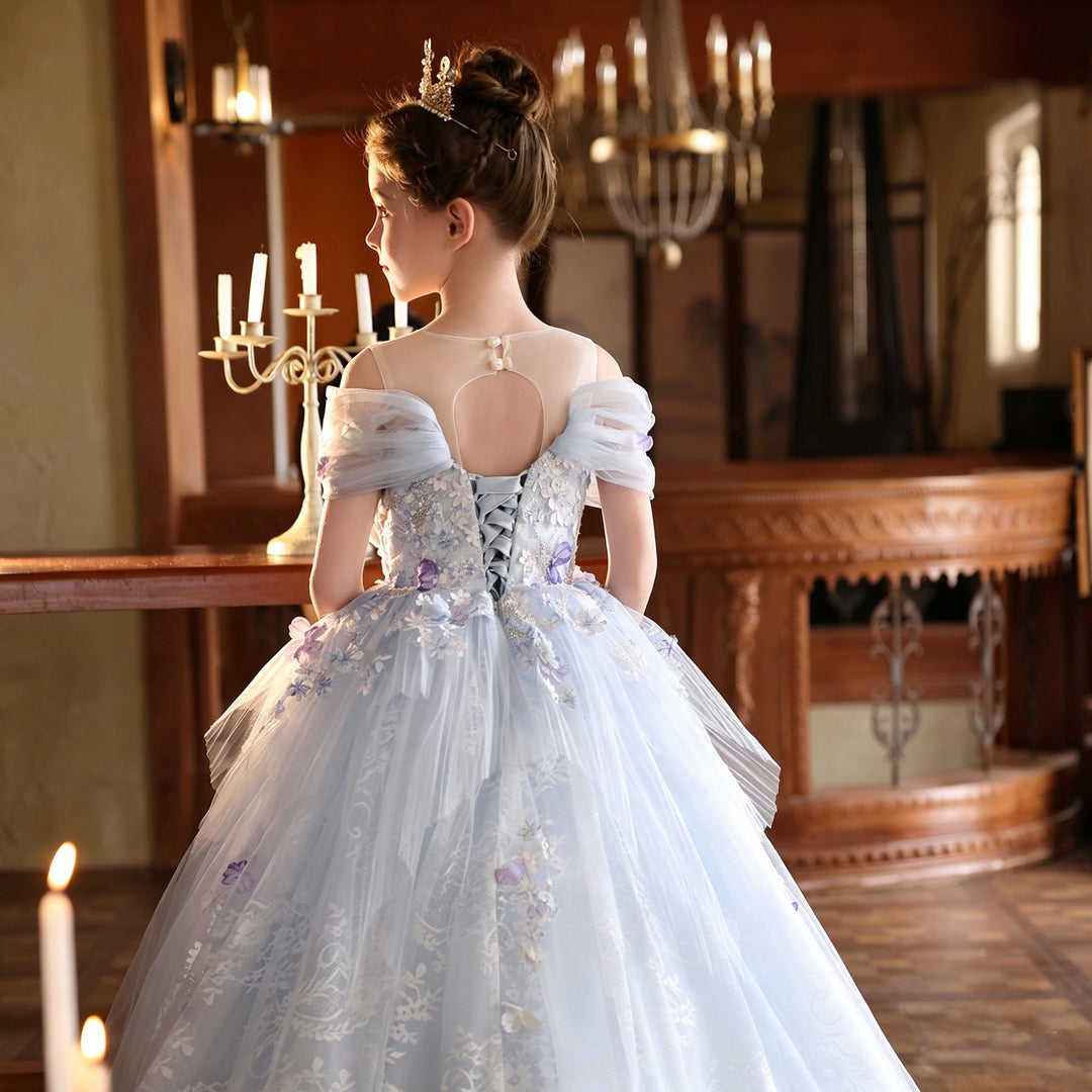 Elegant Blue Princess Flower Girl Dress with Lace 3D Flowers J236