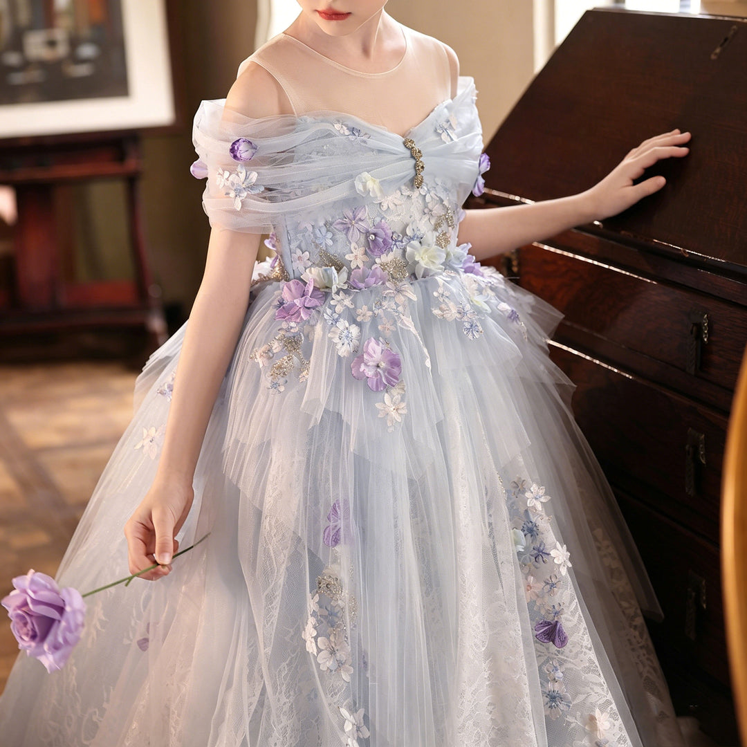 Elegant Blue Princess Flower Girl Dress with Lace 3D Flowers J236
