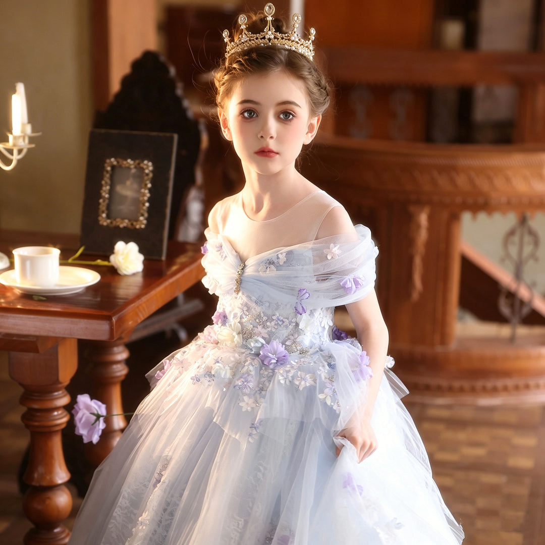 Elegant Blue Princess Flower Girl Dress with Lace 3D Flowers J236