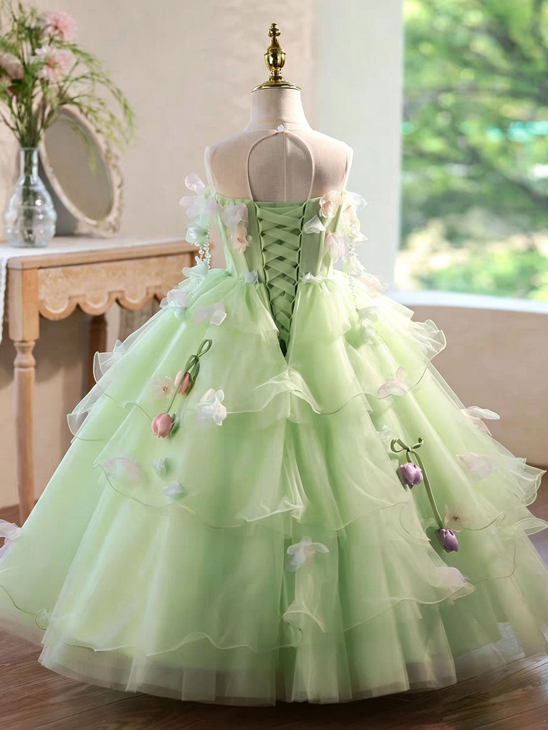Luxury Sage Green Flower Girl Dress with Floral Layered Tulle D343 Sage Green / child-12 Luxury Sage Green Flower Girl Dress with Floral Layered Tulle D343 Sage Green / child-12