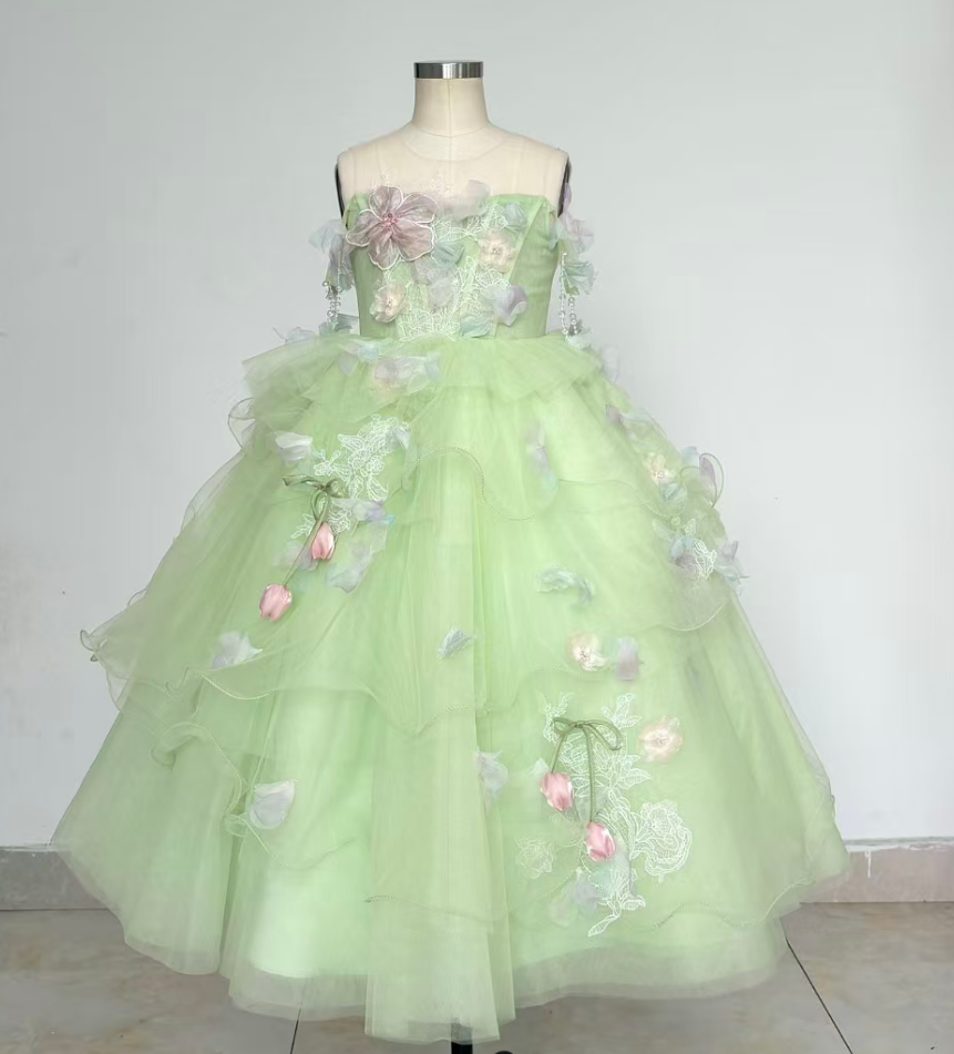 Luxury Sage Green Flower Girl Dress with Floral Layered Tulle D343 Sage Green / child-12 Luxury Sage Green Flower Girl Dress with Floral Layered Tulle D343 Sage Green / child-12