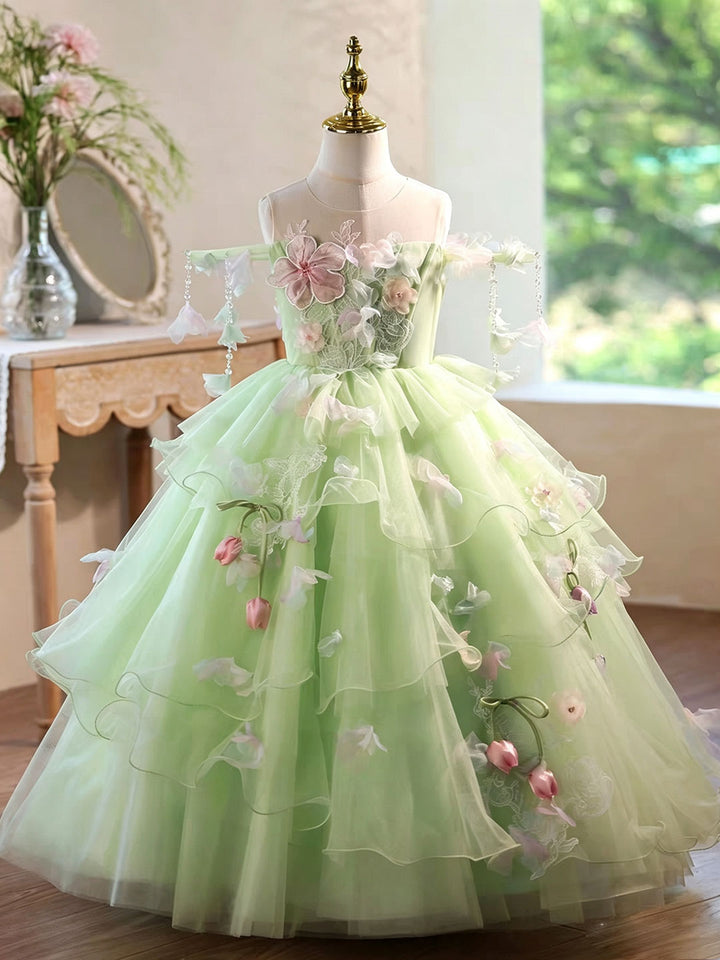 Luxury Sage Green Flower Girl Dress with Floral Layered Tulle D343 Sage Green / child-12 Luxury Sage Green Flower Girl Dress with Floral Layered Tulle D343 Sage Green / child-12