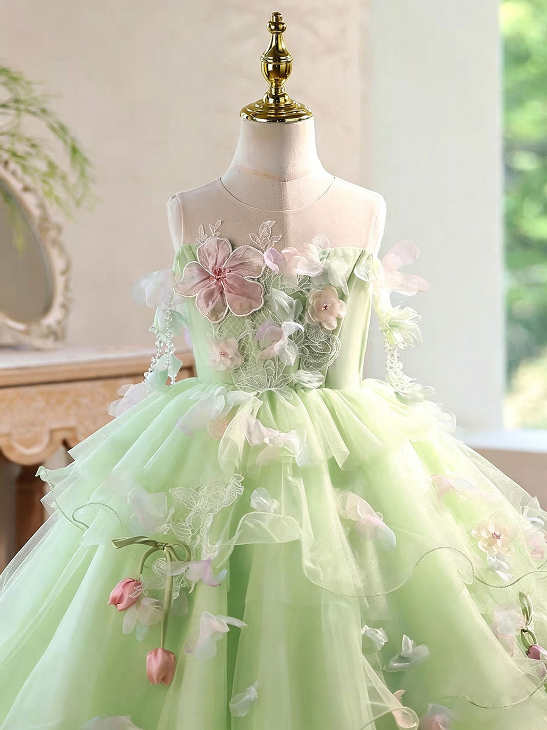 Luxury Sage Green Flower Girl Dress with Floral Layered Tulle D343 Sage Green / child-12 Luxury Sage Green Flower Girl Dress with Floral Layered Tulle D343 Sage Green / child-12