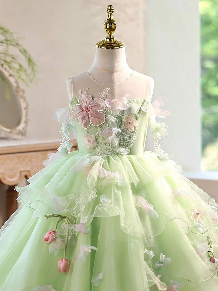 Luxury Sage Green Flower Girl Dress with Floral Layered Tulle D343