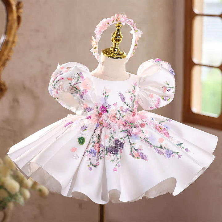 Elegant White Puffy Flower Girl Dress for Girls Wedding Party D274