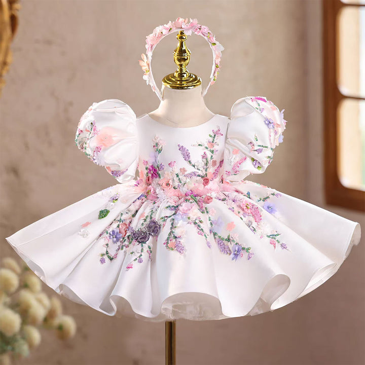 Elegant White Puffy Flower Girl Dress for Girls Wedding Party D274