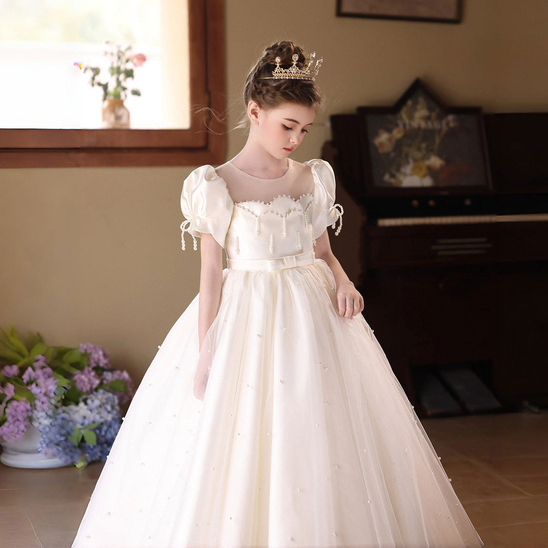 luxury flower girl dress Luxury White Flower Girl Dress for Toddler, Puff Sleeve Baby Girl Party Dress, Elegant Birthday Outfit, Wedding Special Occasion Dress