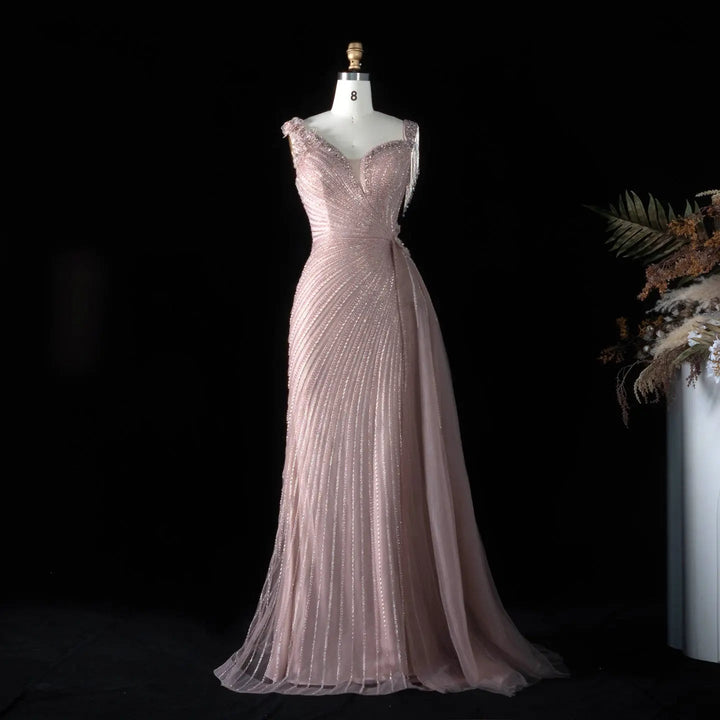 ‌ Luxury Intricately Beaded Fringe-Shoulder Fitted Evening Gown SS103