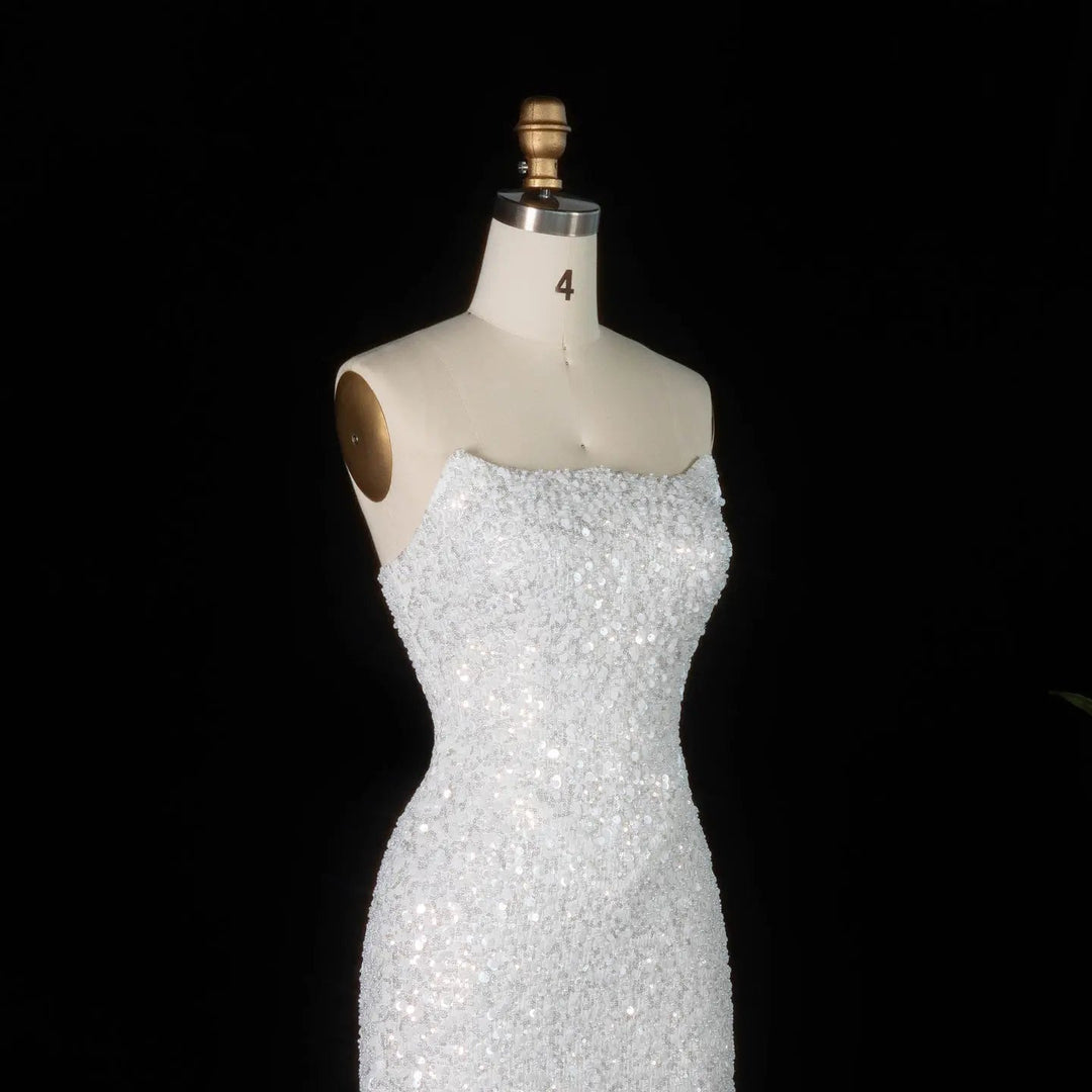 Elegant White Sequin and Pearl Strapless Mini Wedding Dress SW520