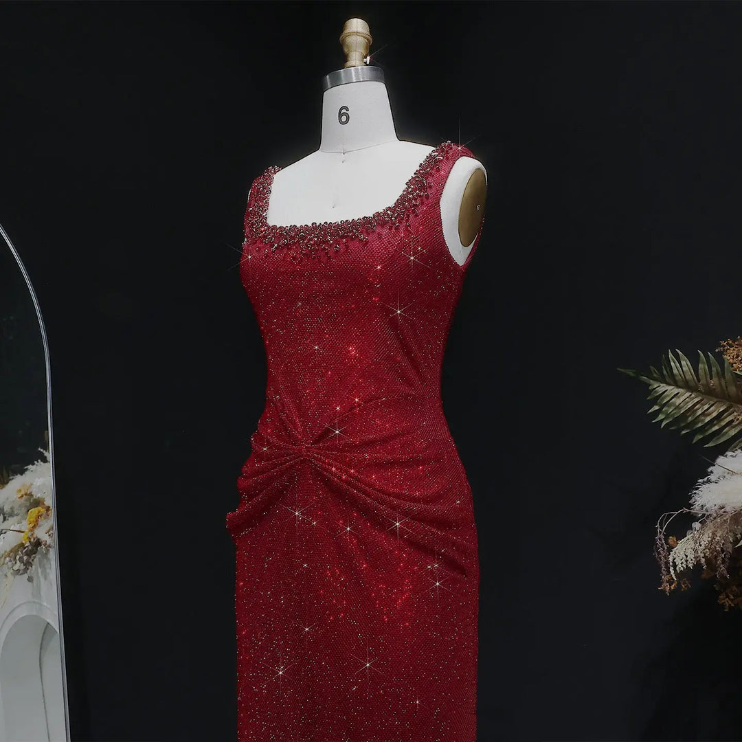 Elegant Green Beaded Sequin Evening Dress with Square Neck SS655