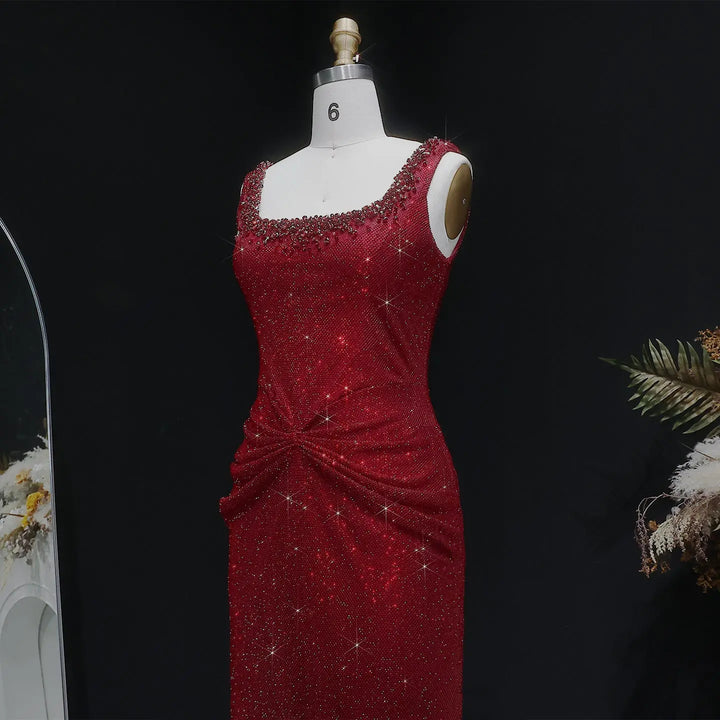 Elegant Green Beaded Sequin Evening Dress with Square Neck SS655