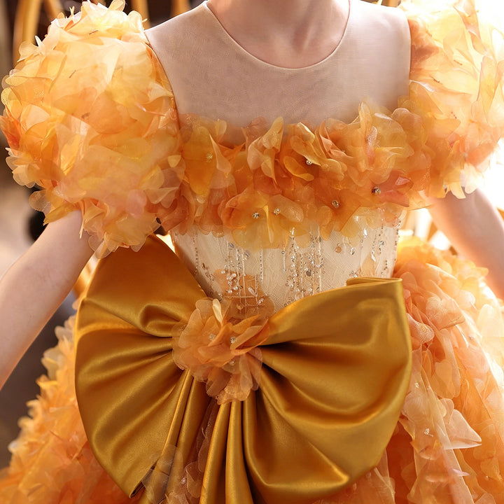 Elegant Orange 3D Floral Princess Flower Girl Dress with Giant Satin Bow J248