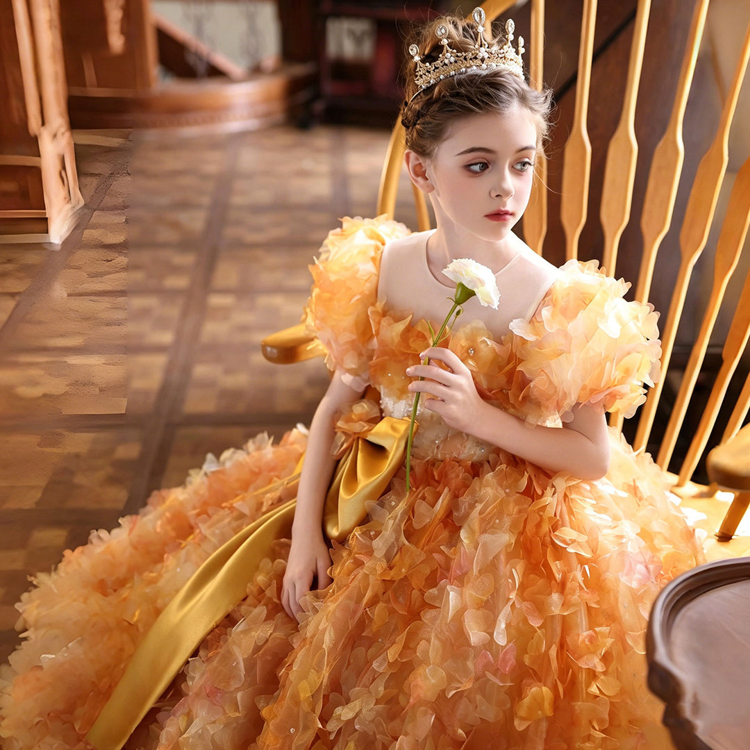 Elegant Orange 3D Floral Princess Flower Girl Dress with Giant Satin Bow J248