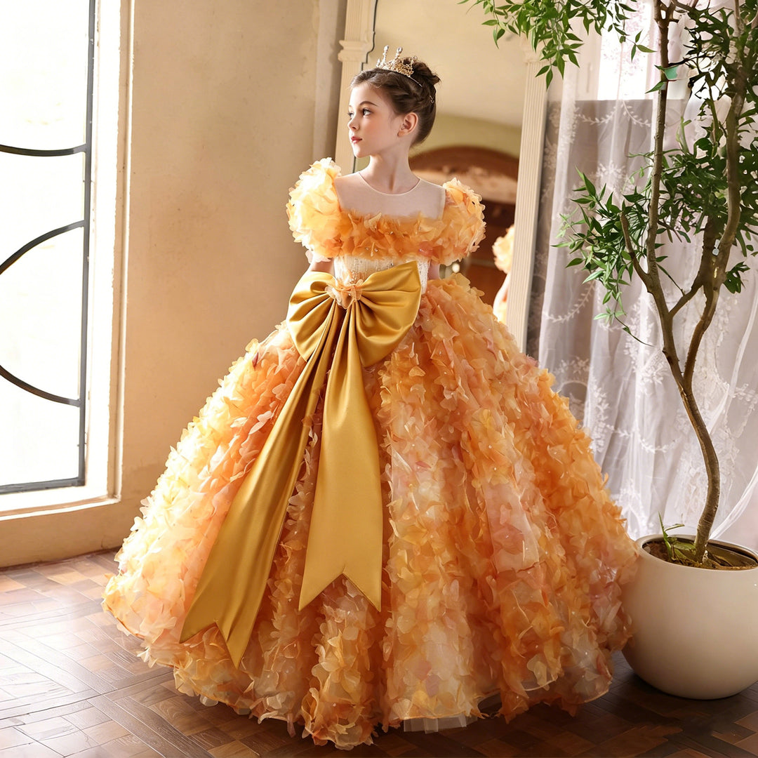 elegant orange dress Elegant Orange 3D Floral Princess Flower Girl Dress with Giant Satin Bow J248