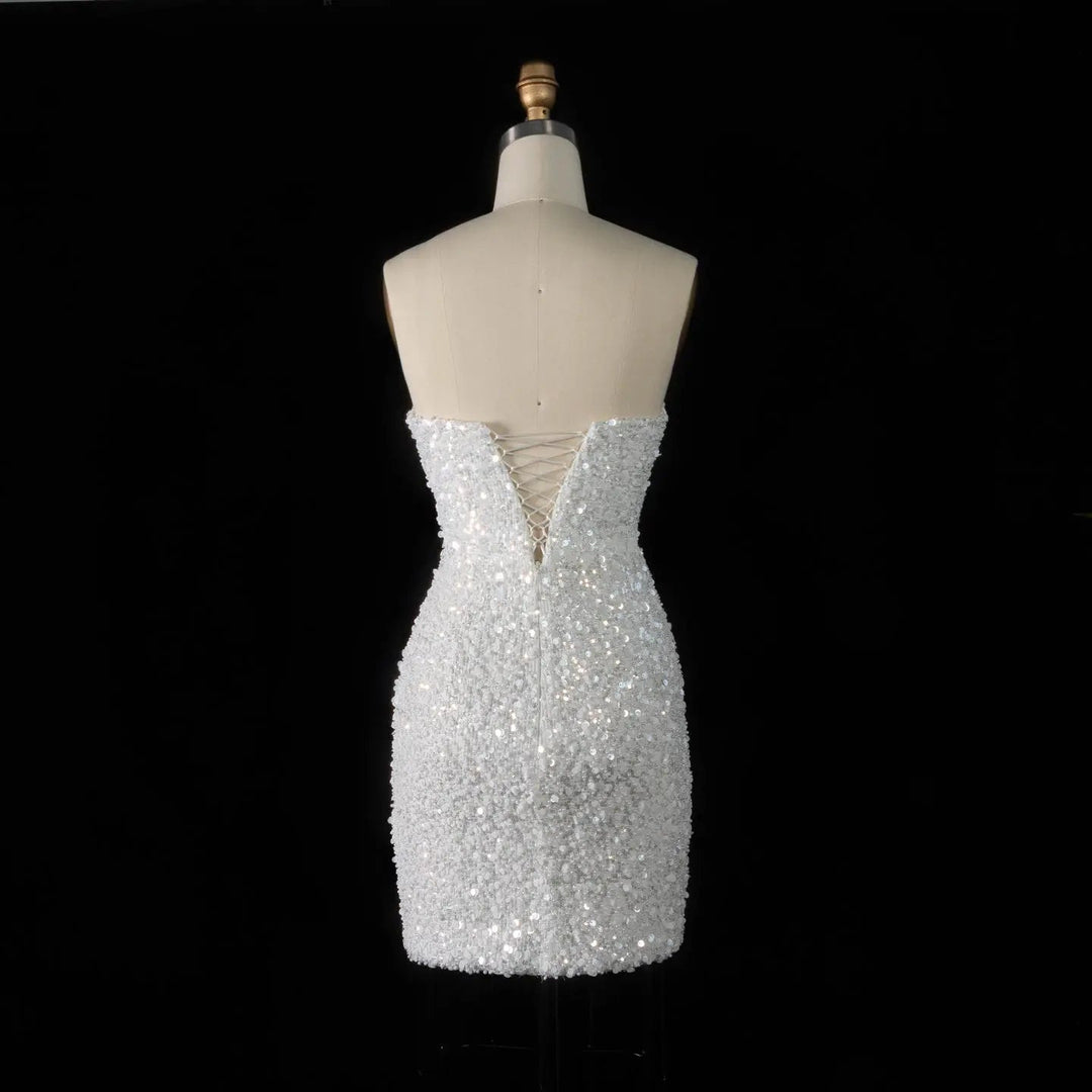 Elegant White Sequin and Pearl Strapless Mini Wedding Dress SW520