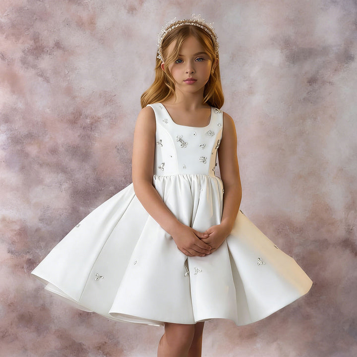 Elegant Pink Satin Girl Dresses Square Collar for Kids Party Gown J145