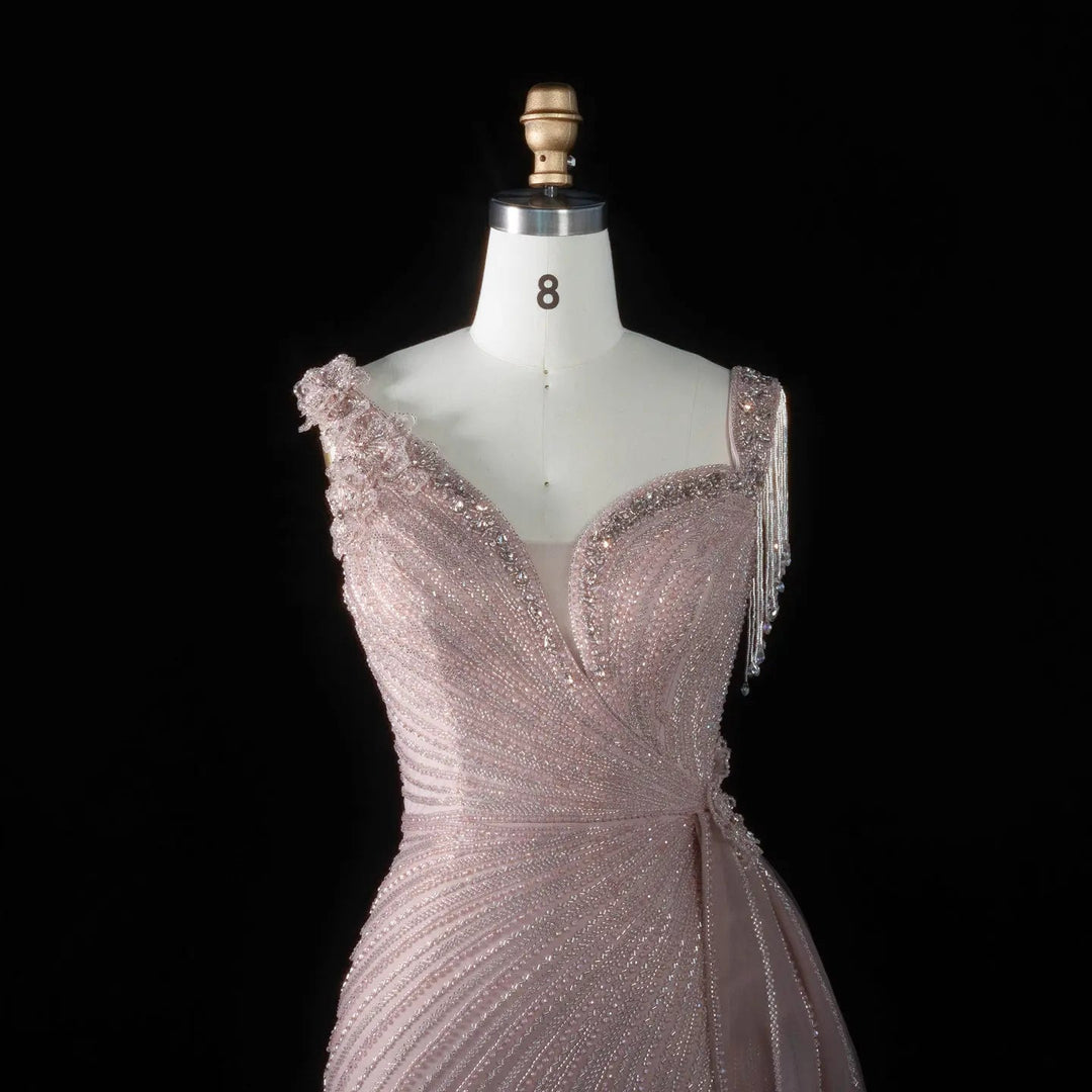 ‌ Luxury Intricately Beaded Fringe-Shoulder Fitted Evening Gown SS103