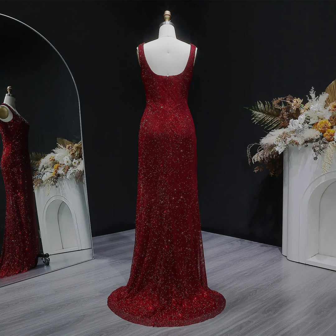 Elegant Green Beaded Sequin Evening Dress with Square Neck SS655