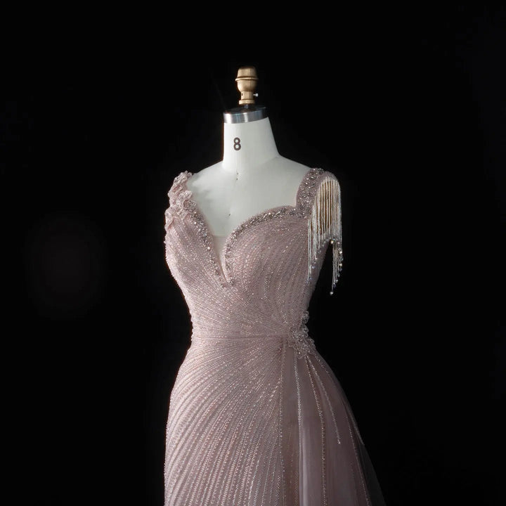 ‌ Luxury Intricately Beaded Fringe-Shoulder Fitted Evening Gown SS103