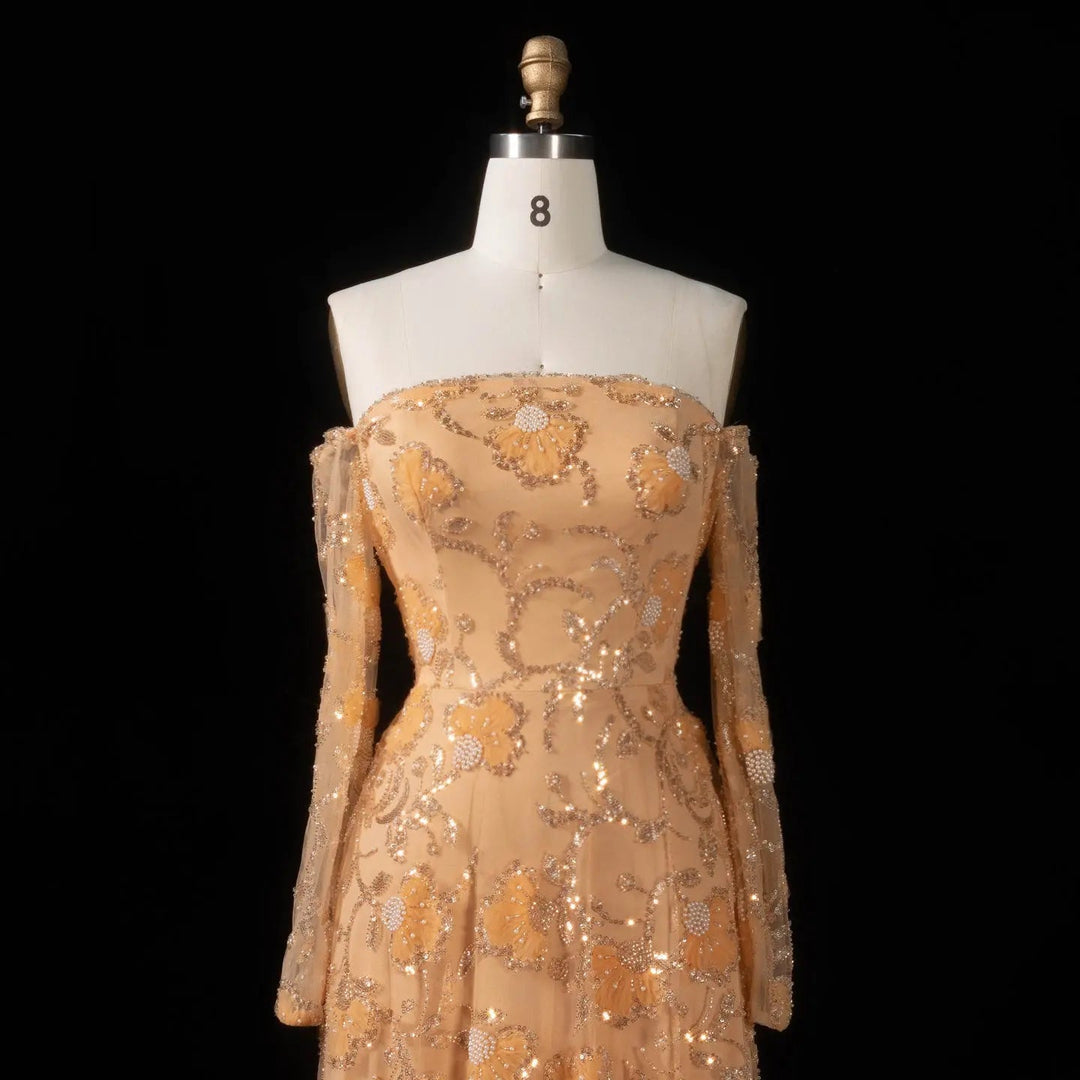 Luxury Pink Beaded Embroidered Long Sleeve Evening Dress SS638