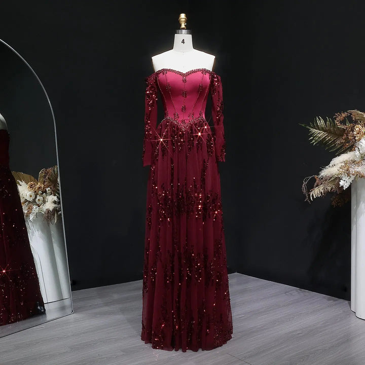 Luxury Beige Crystal Beaded Long Sleeve Evening Dress SS628