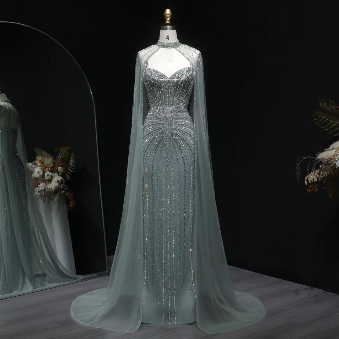 Shimmering Beaded Evening Dress with Cape Train SS156