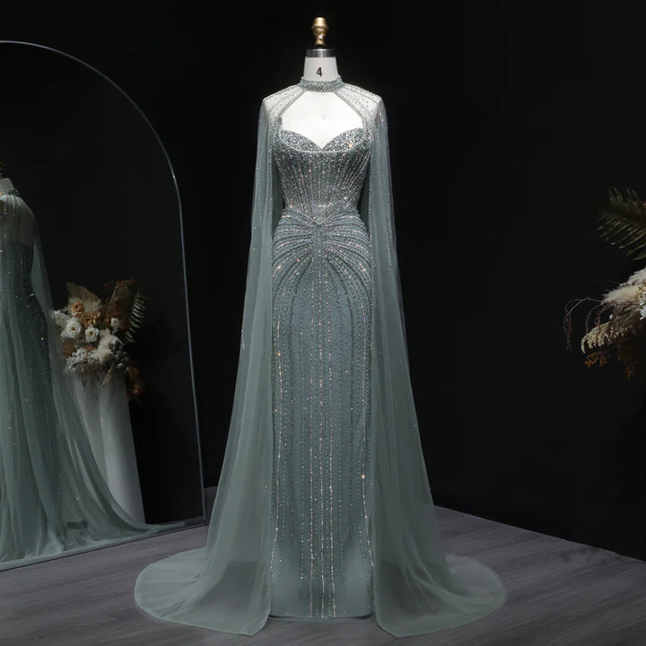 Shimmering Beaded Evening Dress with Cape Train SS156