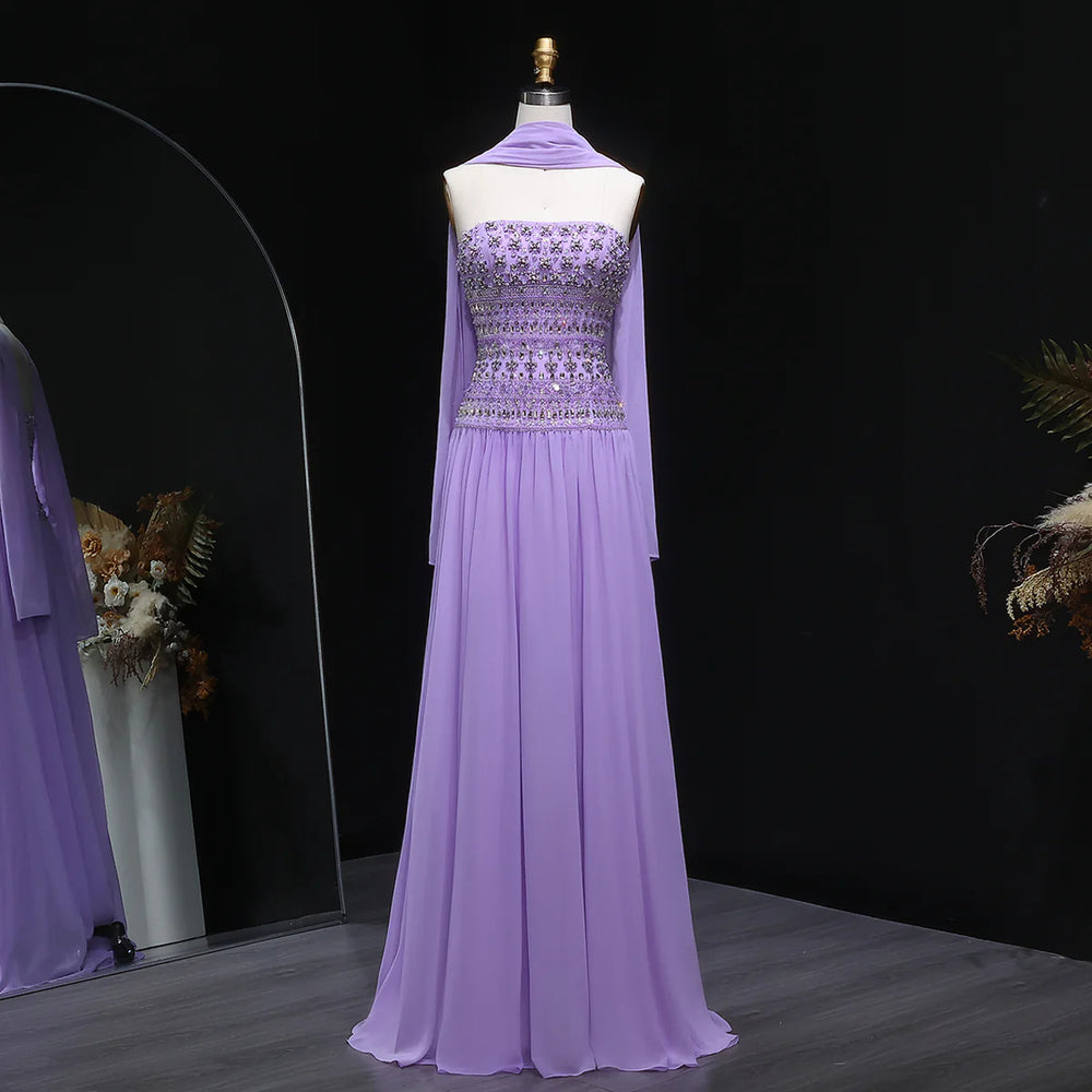 Strapless Lilac Beaded Bodice Evening Dress with Flowing Skirt SS539