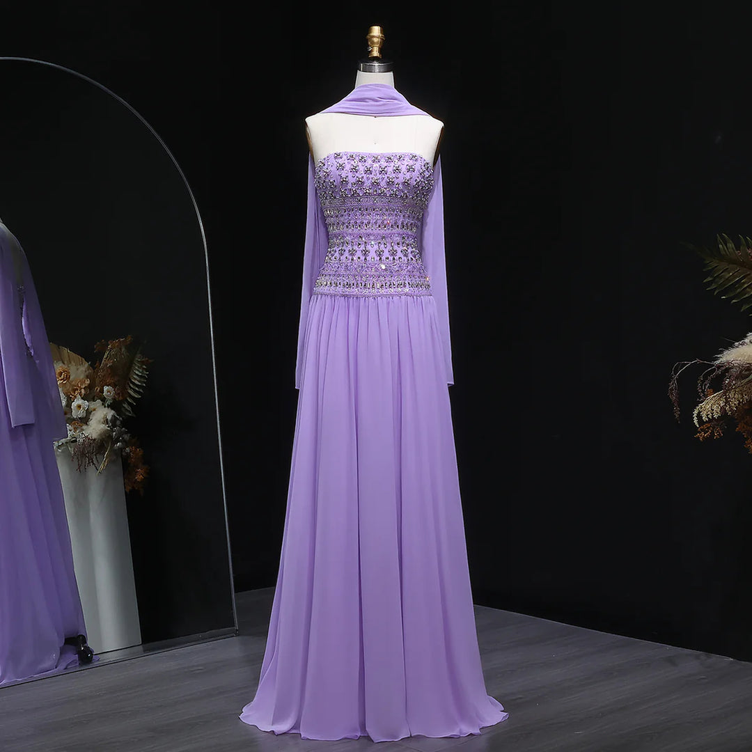 Strapless Lilac Beaded Bodice Evening Dress with Flowing Skirt SS539
