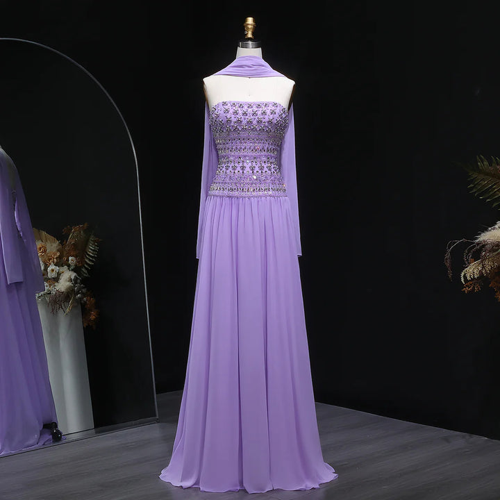 Strapless Lilac Beaded Bodice Evening Dress with Flowing Skirt SS539