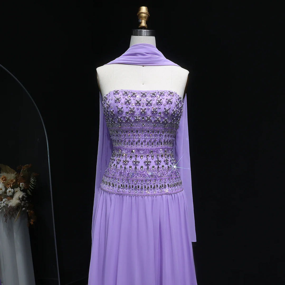 Strapless Lilac Beaded Bodice Evening Dress with Flowing Skirt SS539
