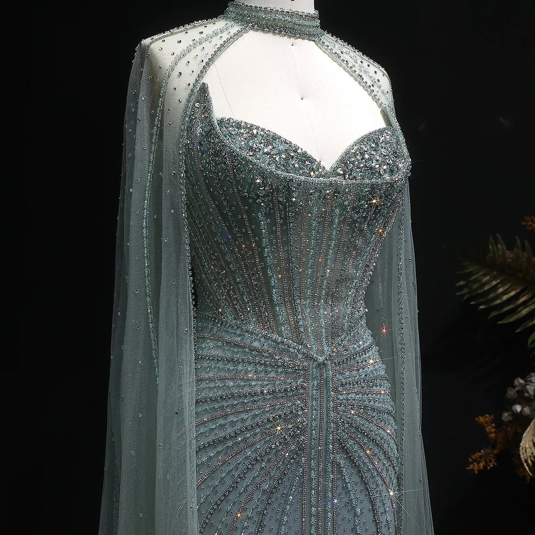 Shimmering Beaded Evening Dress with Cape Train SS156