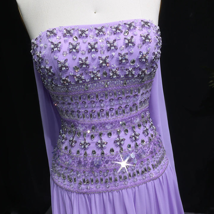 Strapless Lilac Beaded Bodice Evening Dress with Flowing Skirt SS539