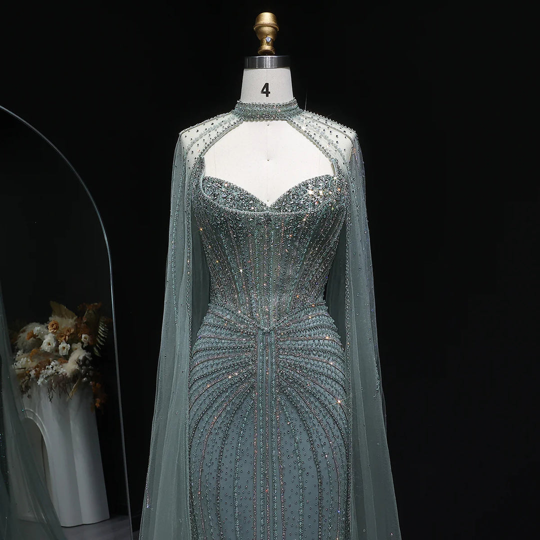 Shimmering Beaded Evening Dress with Cape Train SS156