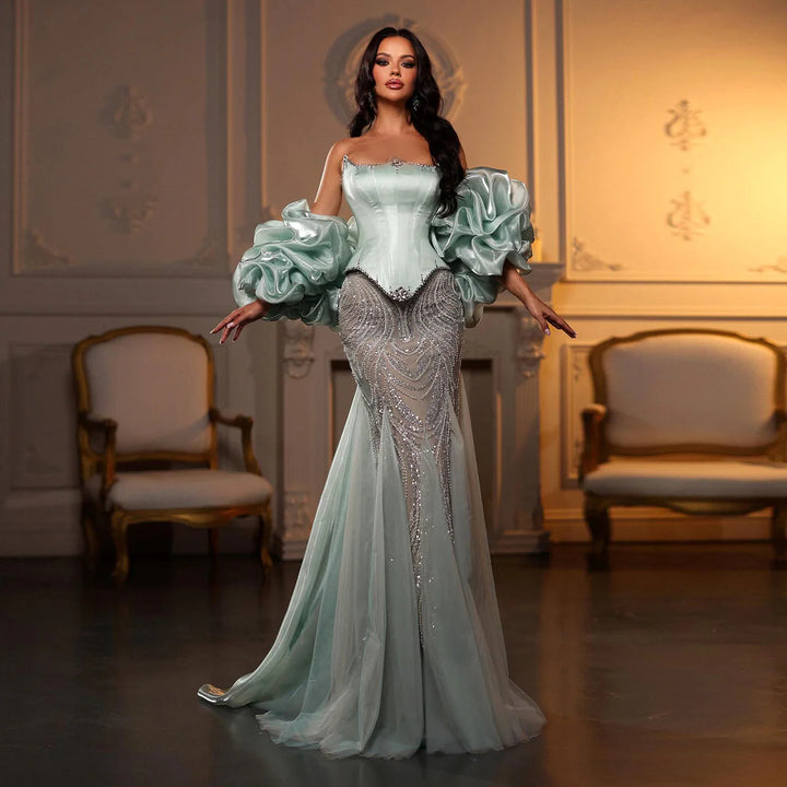 Elegant Aqua Strapless Evening Dress with Crystal Beading SS501