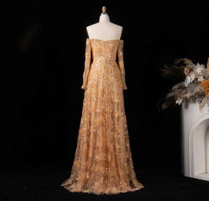 Luxury Pink Beaded Embroidered Long Sleeve Evening Dress SS638