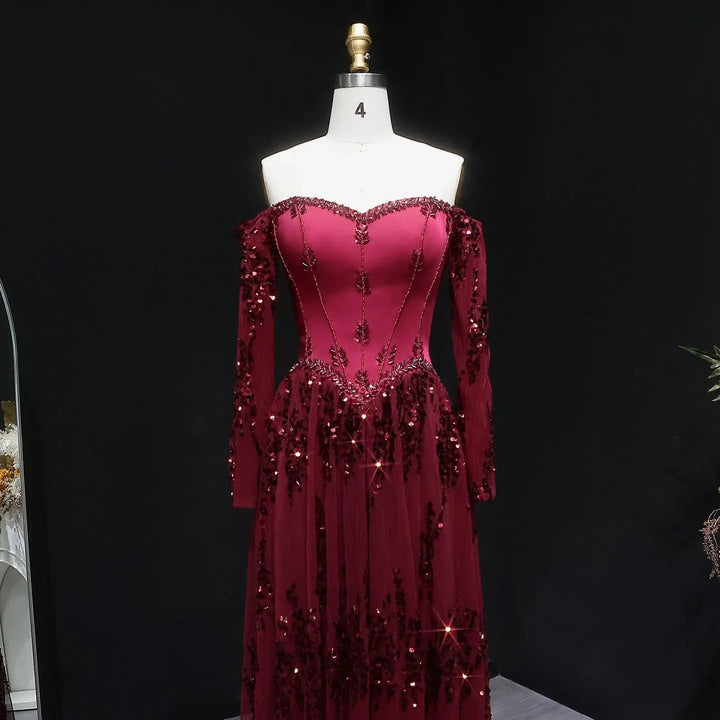 Luxury Beige Crystal Beaded Long Sleeve Evening Dress SS628