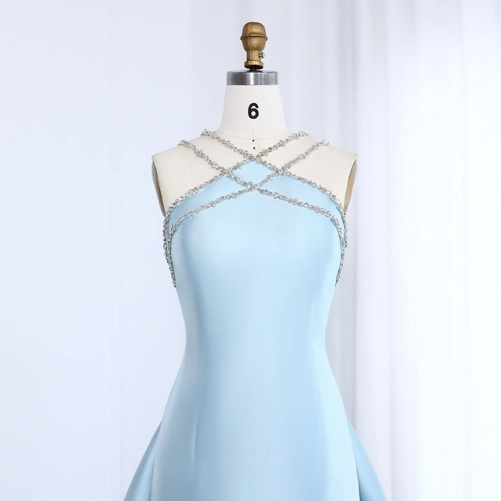 Dreamy Vow Elegant Light Blue Satin Arabic Evening Dress with Overskirt SD048