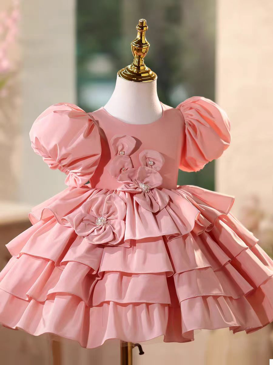 Luxury Pink Party Dress with 3D Flowers and Pearls Flower Girl Dress J585
