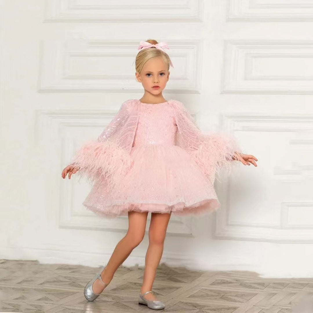 Luxury Blue Girl Dress Feathers Cap Sleeve Kid Princess J170