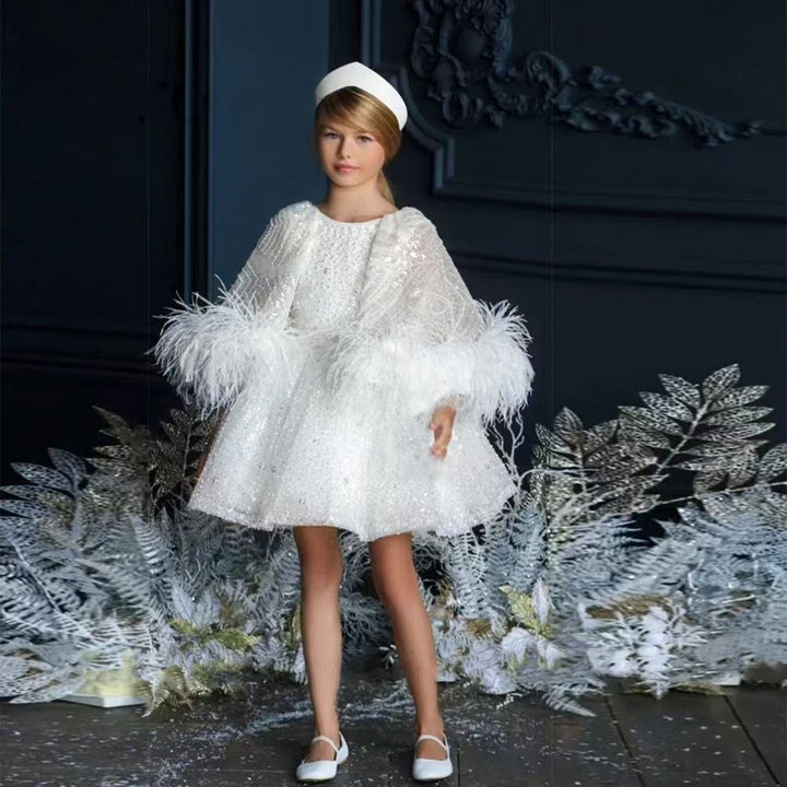 Luxury Blue Girl Dress Feathers Cap Sleeve Kid Princess J170