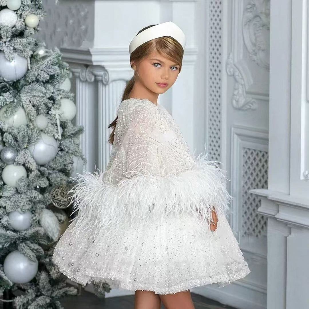 Luxury Blue Girl Dress Feathers Cap Sleeve Kid Princess J170