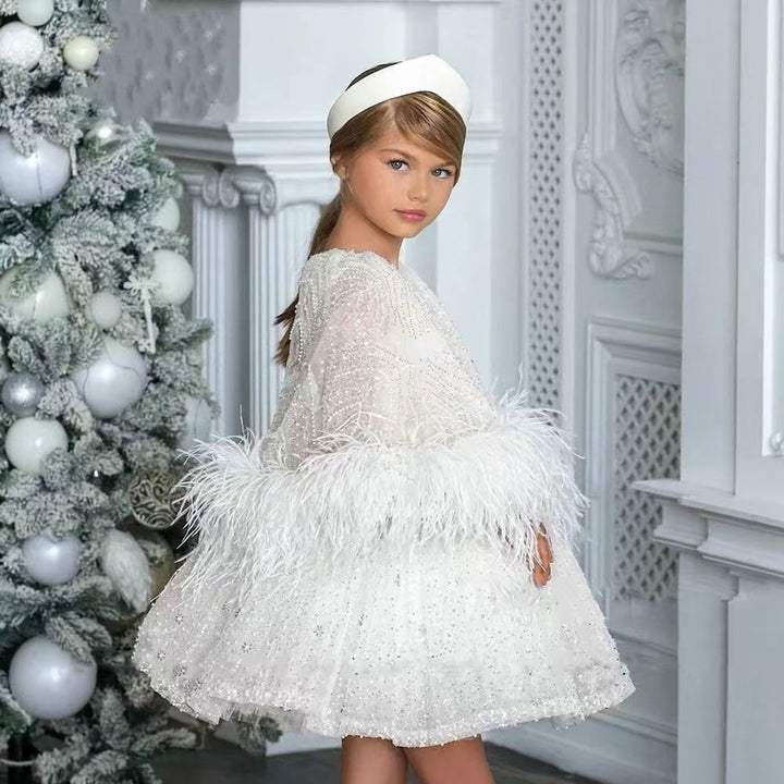 Luxury Blue Girl Dress Feathers Cap Sleeve Kid Princess J170