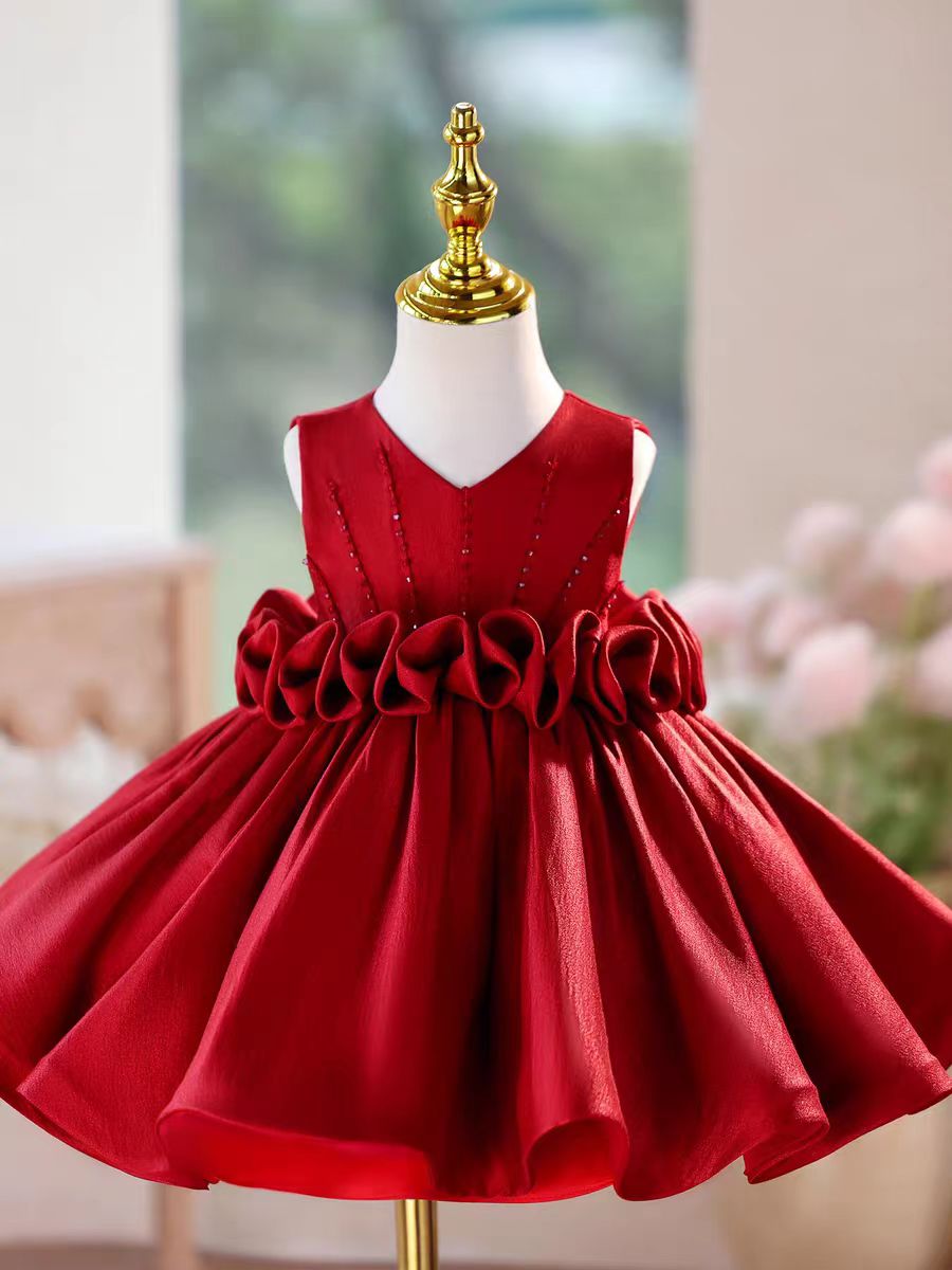 Princess Style Satin Flower Girl Dress with Layered Skirt Knee Length J460A