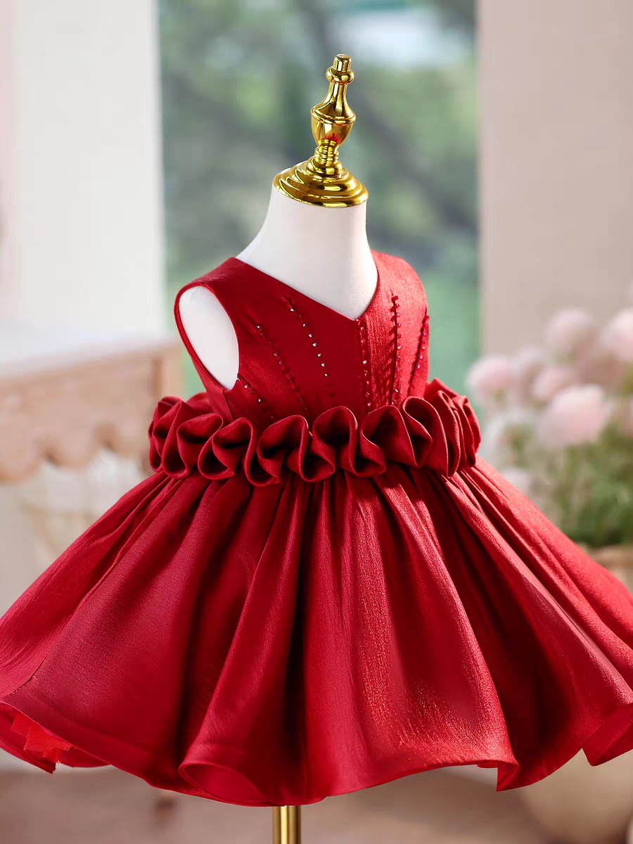 Princess Style Satin Flower Girl Dress with Layered Skirt Knee Length J460A