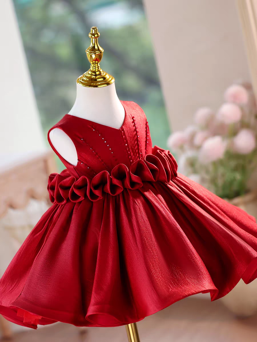 Princess Style Satin Flower Girl Dress with Layered Skirt Knee Length J460A