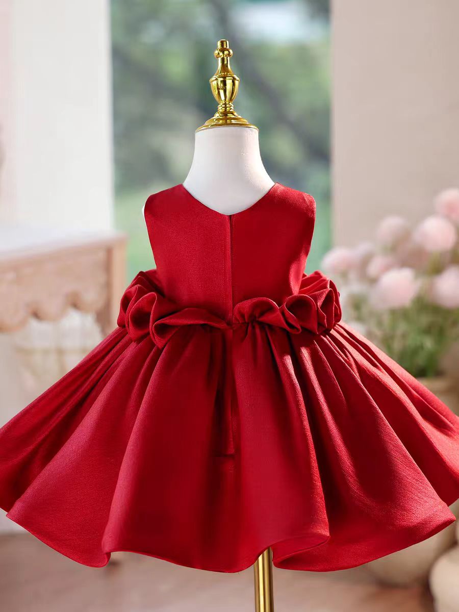 Princess Style Satin Flower Girl Dress with Layered Skirt Knee Length J460A