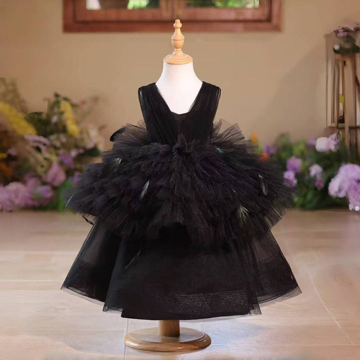 Elegant Black Flower Girl Dress with Feather Details Fluffy Long Skirt D139
