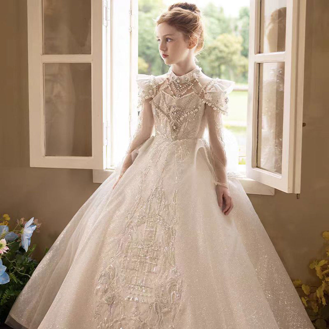Luxury Embroidered Princess Girl Dress With Tulle Pearls White J151, White / child-8 Luxury Embroidered Princess Girl Dress With Tulle Pearls White J151, White / child-8