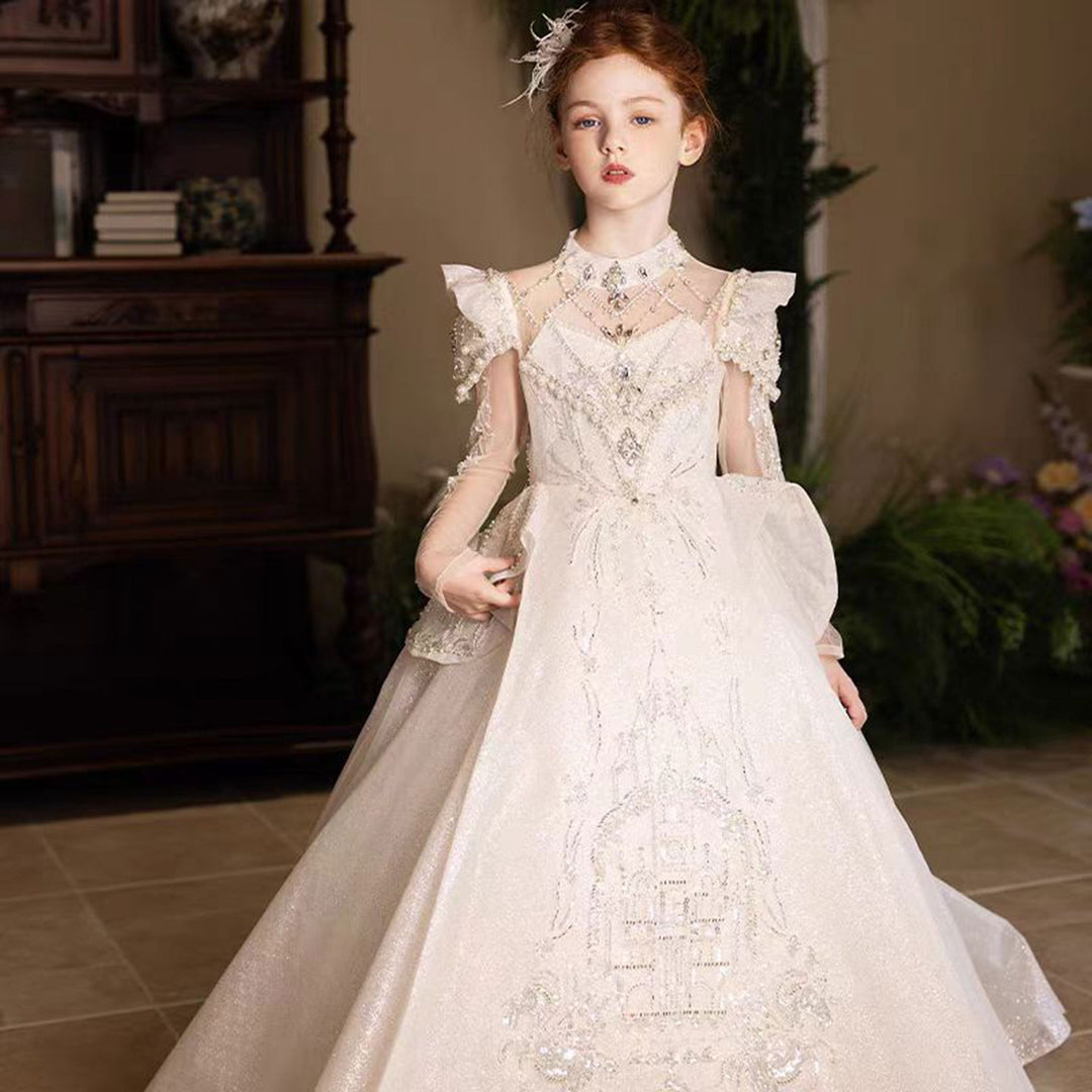 Luxury Embroidered Princess Girl Dress With Tulle Pearls White J151 Luxury Embroidered Princess Girl Dress With Tulle Pearls White J151